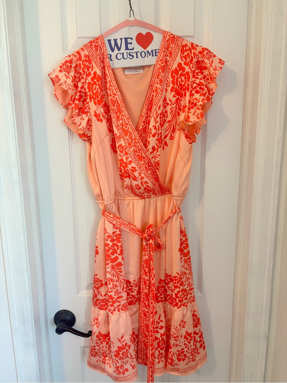 Floral Tie-Waist Wrap Dress in Peach & Coral